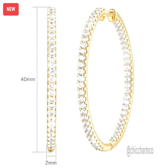 Large 40mm 14K Gold Hoop Earrings with Cubic Zirconia, Hypoallergenic - Picture 7 of 8